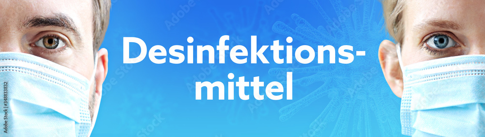 Desinfektionsmittel. Gesichter von Mann und Frau mit Mundschutz. Paar mit Maske vor blauen Hintergrund mit Text. Virus, Atemmaske, Corona