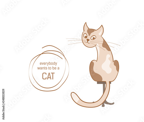 Vector illustration, a cartoon cute spotted cat sitting on a chair isolated on the white background.