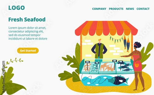 Seafood stall and fresh fish street shop store market with sea food in fridge, seller and customer website flat vector illustration. Raw fish and seafood products online internet shop template.