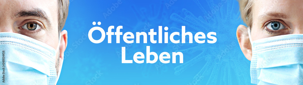 Öffentliches Leben. Gesichter von Mann und Frau mit Mundschutz. Paar mit Maske vor blauen Hintergrund mit Text. Virus, Atemmaske, Corona