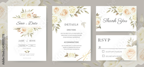 Wedding invitation card. Vintage style white roses Brown eucalyptus leaves. Template card set.