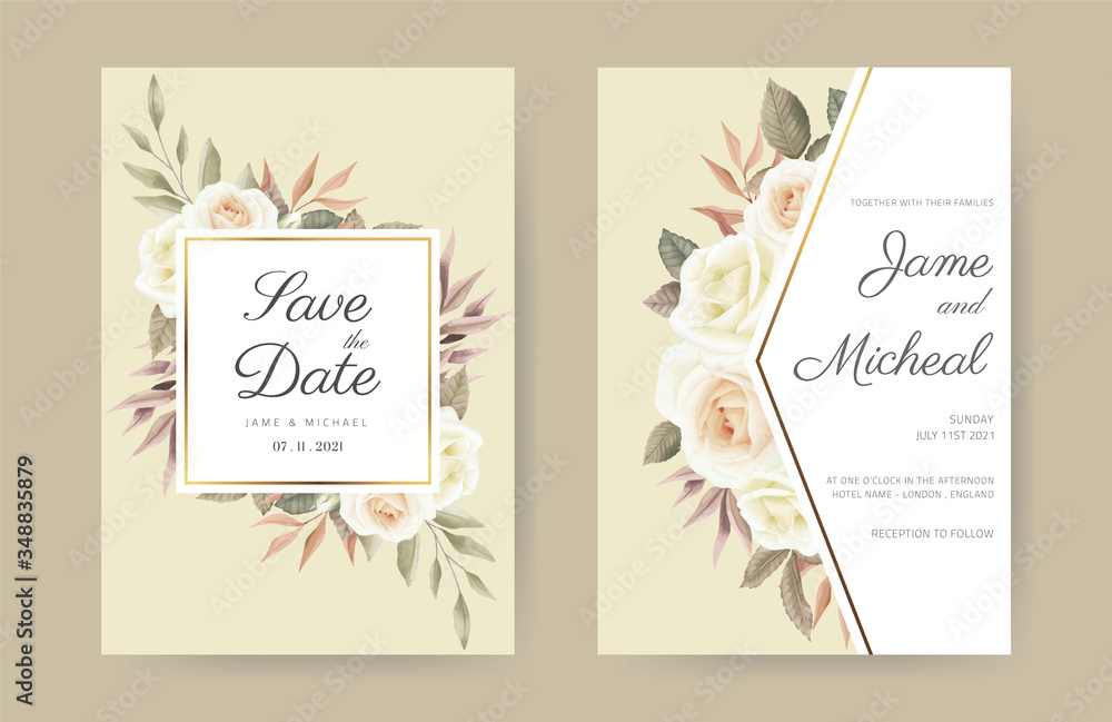 Wedding Invitation Card Roses template. Watercolor flower elegant.