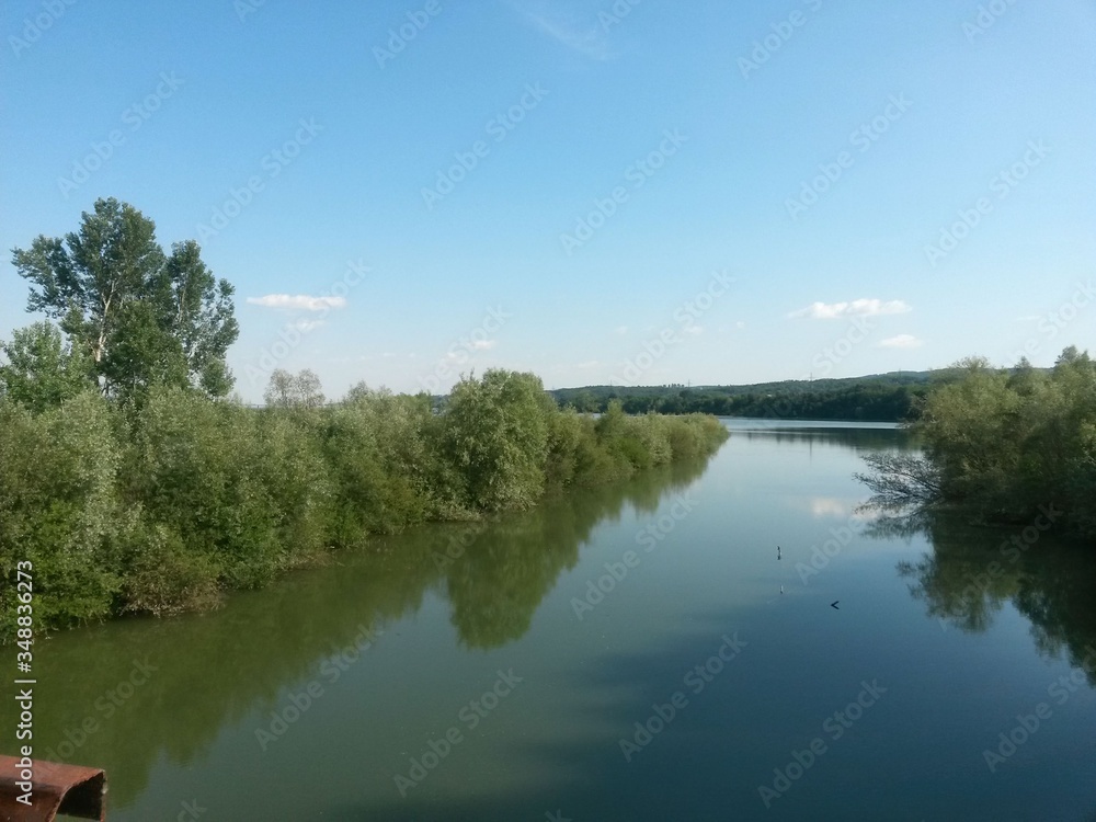 lake reflecting green forest close to the woods in summer season on sunny day with blue sky lake reflecting green forest close to the woods in summer season on sunny day with blue sky