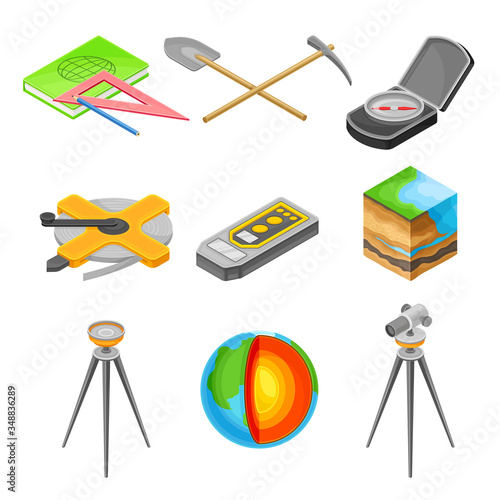 Geology Measurement Instruments with Soil Cross Section and Prospecting Hammer Vector Set