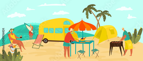 Senior people, eldery couples travel on sea vacation, sport activity life style for older grandmother and grandfather flat vector illustration. Elderly couple traveling, sunbathing, surfing on sea.