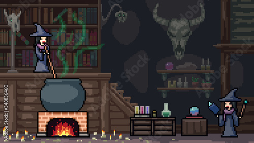 vector pixel art scene witchcraft ritual