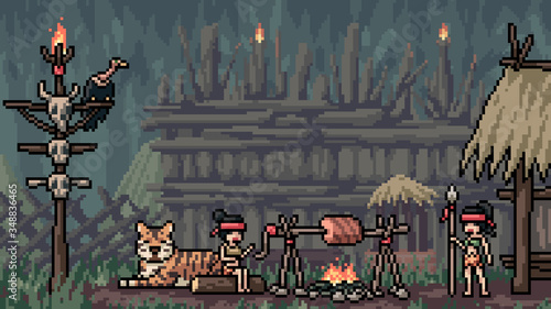 vector pixel art scene amazoness tribe