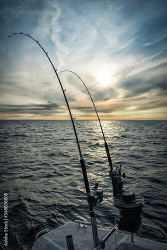 Trolling fishing rods with sea scenery