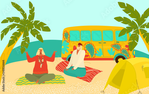 Grandparents eldery hippy people travelling, practicing yoga on seaside with tent and van flat vector illustration. Senior age travelers, couple family people on summer vacation. Retirement travel.