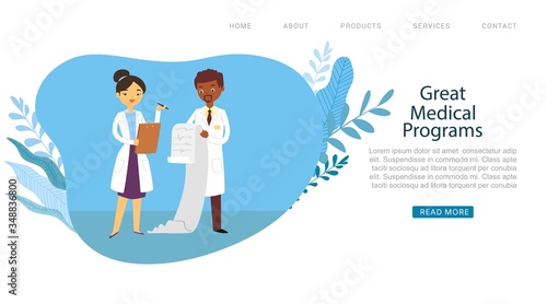 Medical programs in hospital or clinic, doctors male and female medicine workers physicians website cartoon vector illustration. Doctors professional team and medical insurance programs.