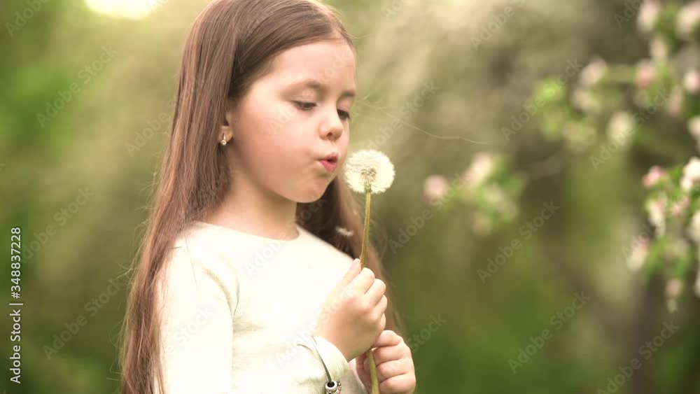 Cute little girl blow on a dandelion. Rest at nature Cute little girl blow on a dandelion. Rest at nature