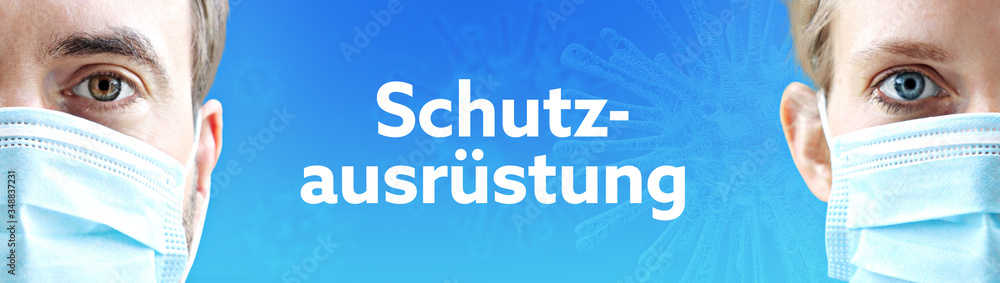 Schutzausrüstung. Gesichter von Mann und Frau mit Mundschutz. Paar mit Maske vor blauen Hintergrund mit Text. Virus, Atemmaske, Corona Schutzausrüstung. Gesichter von Mann und Frau mit Mundschutz. Paar mit Maske vor blauen Hintergrund mit Text. Virus, Atemmaske, Corona