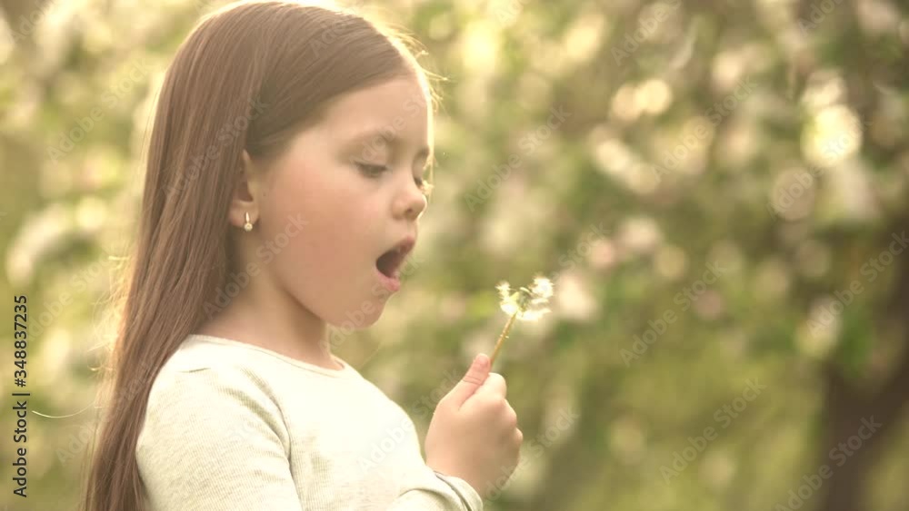 Cute little girl blow on a dandelion. Rest at nature Cute little girl blow on a dandelion. Rest at nature