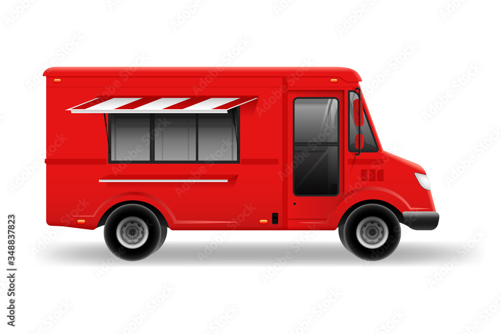 Retro food truck vector mockup on white for vehicle branding, advertising, corporate identity. Brand identity design and transport advertising.