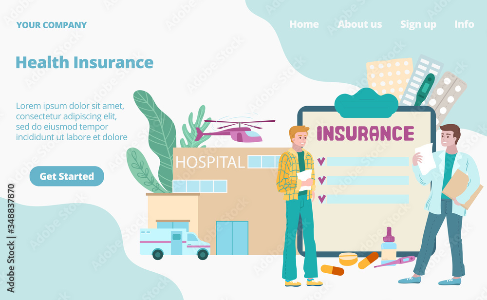 Health insurance medical landing page cartoon vector illustration. Medical insurant, insurer doctor with pills, medicine, hospital service and documents for medic protection web page.
