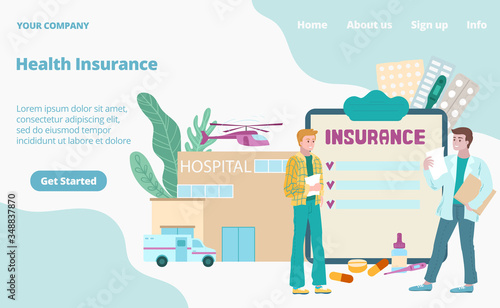 Health insurance medical landing page cartoon vector illustration. Medical insurant, insurer doctor with pills, medicine, hospital service and documents for medic protection web page.