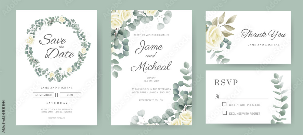Eucalyptus with rose wedding invitation card. Circle ring bouquet of white roses. Template card set. - obrazy, fototapety, plakaty 