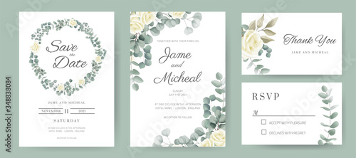 Eucalyptus with rose wedding invitation card. Circle ring bouquet of white roses. Template card set.