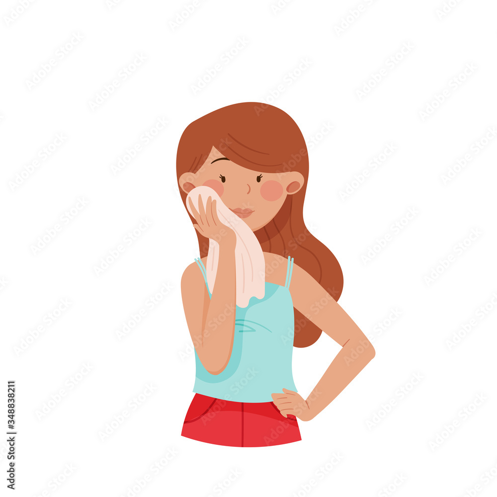 Young Girl Drying Her Face with Soft Cotton Towel Vector Illustration Young Girl Drying Her Face with Soft Cotton Towel Vector Illustration