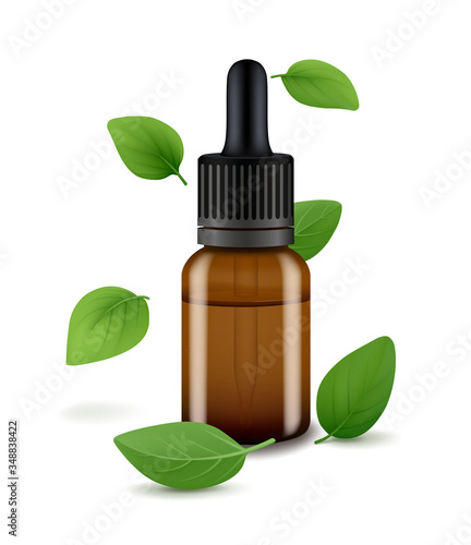 A bottle of essential oil with oregano leaves flying around. Isolated on white background. Realistic vector illustration.