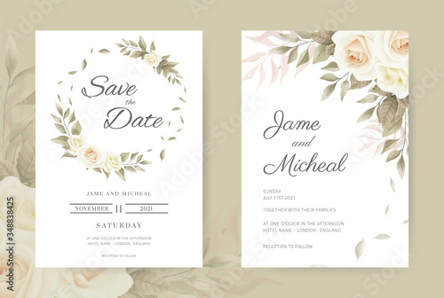 Wedding invitation card Vintage white roses. Set card template.
