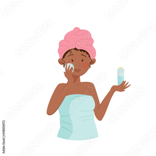 Young Girl with Her Head Wrapped in Towel Applying Cosmetic Facial Lotion with Cotton Pad Vector Illustration