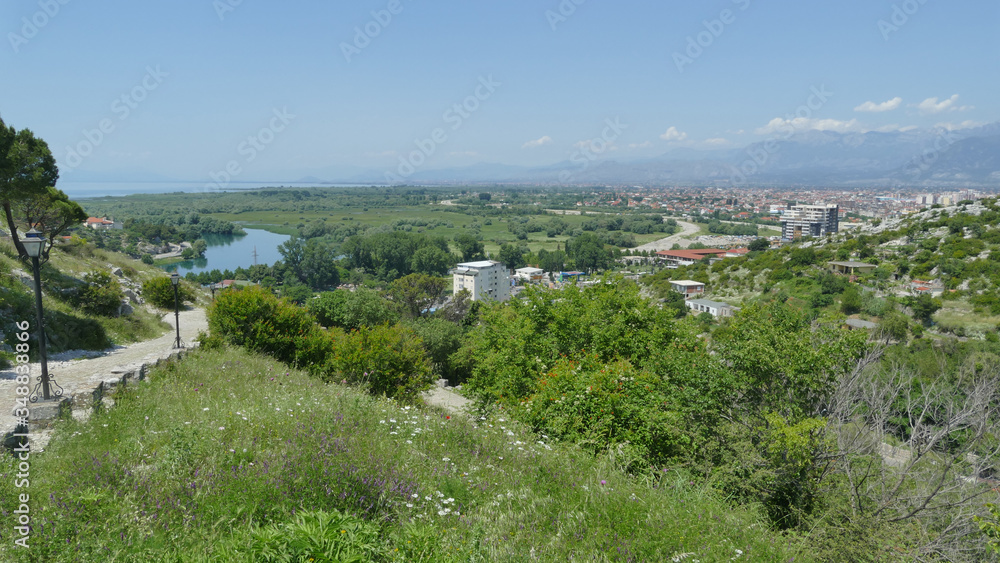 Panoramic view from Rozafa Castle over city Shkoder, Albania
