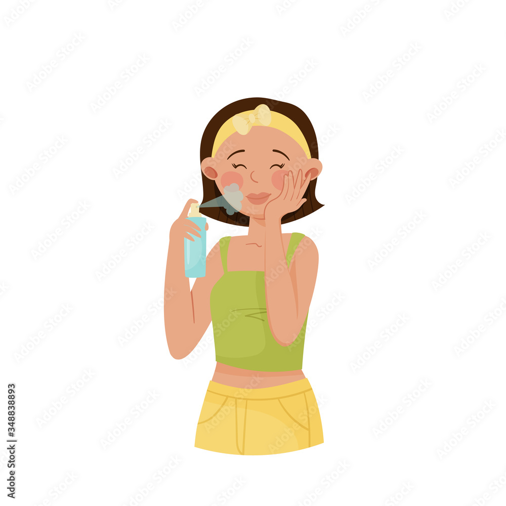 Young Girl with Headband Sprinkling Her Face with Cosmetic Lotion Vector Illustration Young Girl with Headband Sprinkling Her Face with Cosmetic Lotion Vector Illustration