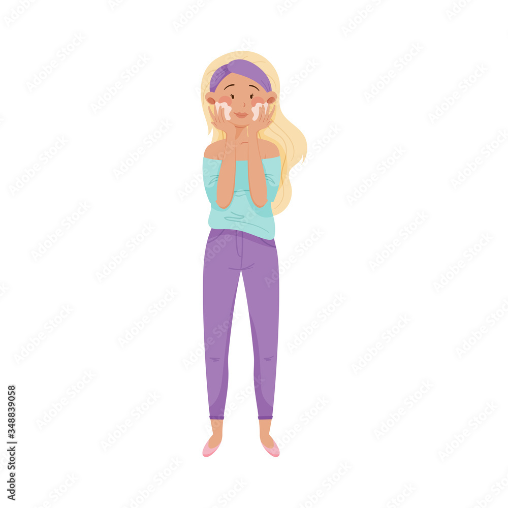 Blonde Young Woman Using Cosmetic Cleansing Gel or Facial Wash to Clean Her Face Vector Illustration Blonde Young Woman Using Cosmetic Cleansing Gel or Facial Wash to Clean Her Face Vector Illustration