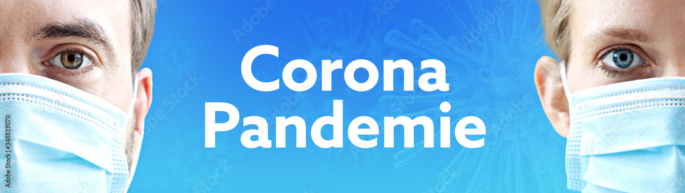 Corona Pandemie. Gesichter von Mann und Frau mit Mundschutz. Paar mit Maske vor blauen Hintergrund mit Text. Virus, Atemmaske, Corona