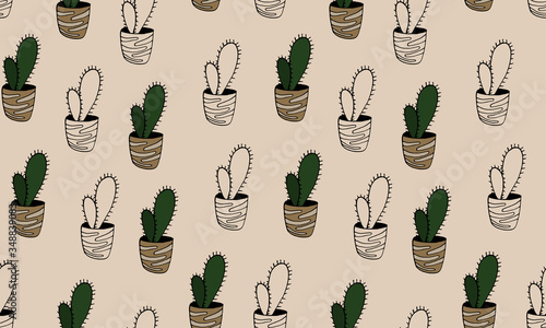 Vector seamless pattern with hand drawn cactus. Green houseplant in the pot. Home interior decoration. Gardening plant