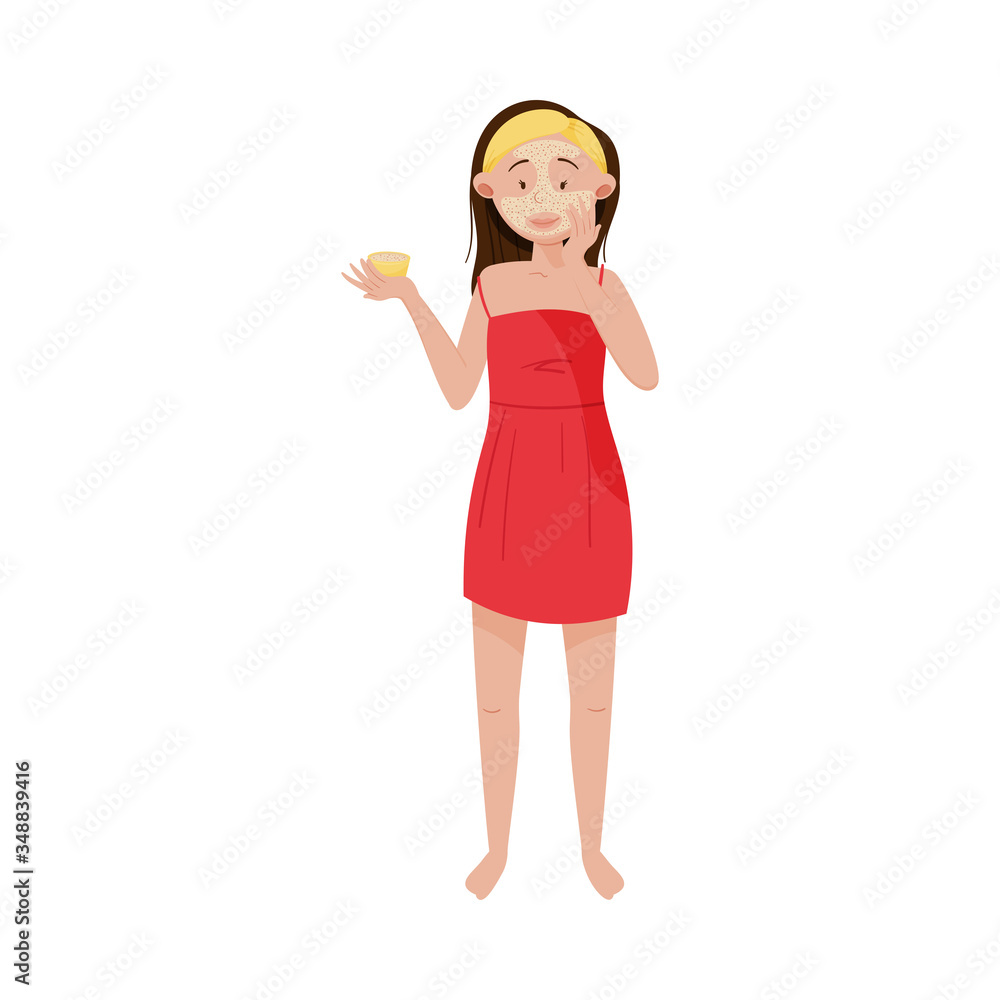 Long Haired Female Applying Cosmetic Mask on Her Face Vector Illustration Long Haired Female Applying Cosmetic Mask on Her Face Vector Illustration