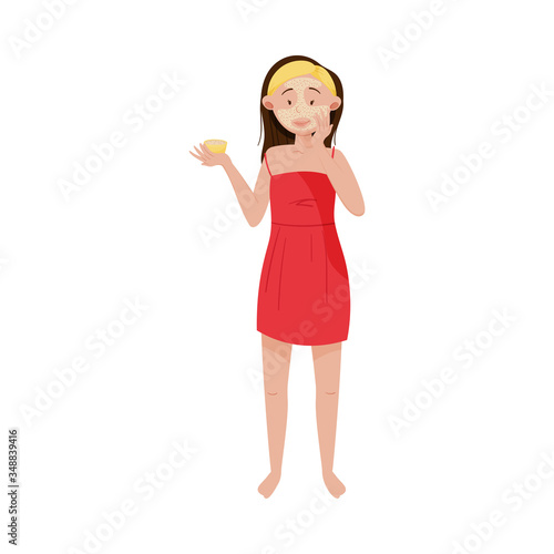 Long Haired Female Applying Cosmetic Mask on Her Face Vector Illustration