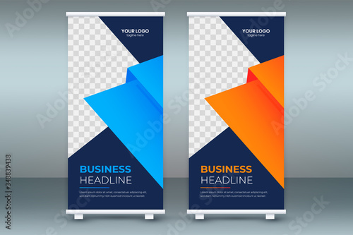 Modern Exhibition standee roll up banner design, poster advertising brochure cover concept, creative x-banner presentation template, flat flag-banner vector blue red orange layout