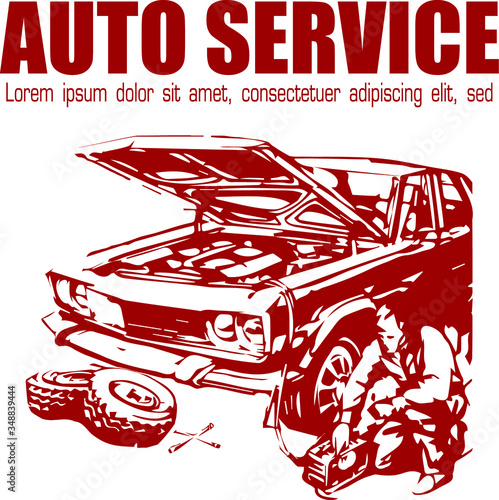 car vehicle red auto transport old vintage retro engine wheel rim illustration service repair tool master man