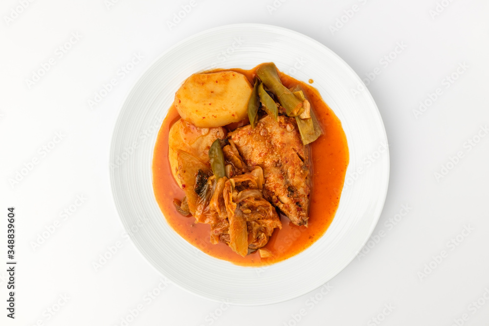 Stewed mackerel on white background