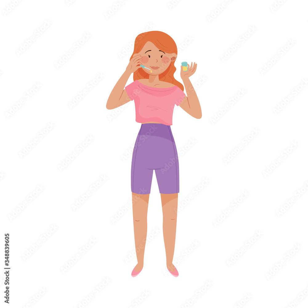 Long Haired Female Applying Cosmetic Oil on Her Face Vector Illustration Long Haired Female Applying Cosmetic Oil on Her Face Vector Illustration