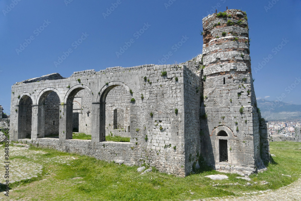 Ruins of Venetian Rozafa Castle in hilltop above Skadar Lake, Albania