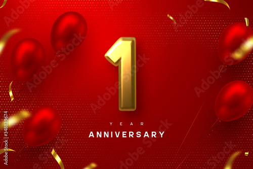 1 year anniversary celebration banner. 3d golden metallic number 1 and glossy balloons with confetti on red spotted background. Vector realistic template.