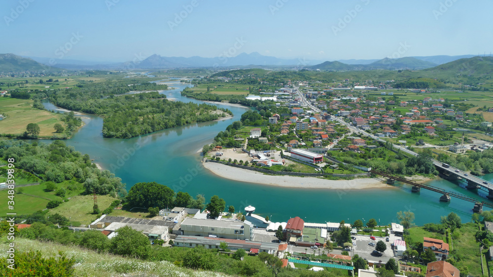 Aerial panoramic view of Drin and Bojana River in northern agriculture part of Albania
