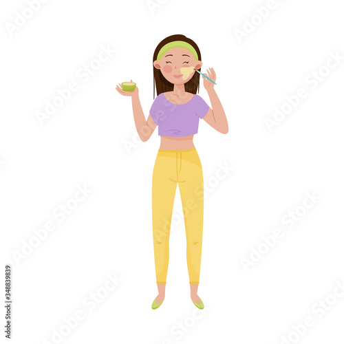 Long Haired Female Applying Cosmetic Mask on Her Face Vector Illustration