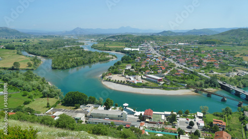Aerial panoramic view of Drin and Bojana River in northern agriculture part of Albania
