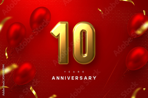10 years anniversary celebration banner. 3d golden metallic number 10 and glossy balloons with confetti on red spotted background. Vector realistic template.