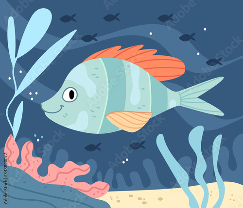 Big blue fish with orange fin fish.Underwater world with wild sea animals in the ocean. Aquarium.Illustration for children's book. Cute Poster .