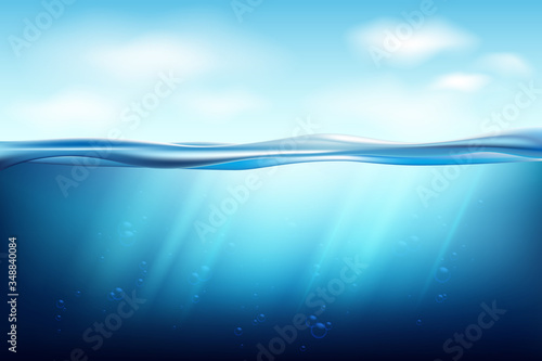 Transparent underwater blue ocean background. Lake underwater surfaces. Relax blue horizon background under surface sea