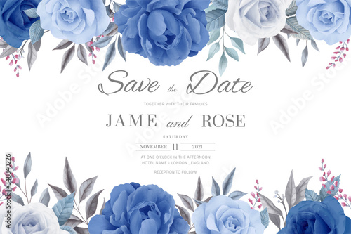 Wedding invitation card. Save the date. Flowers, blue roses and blue peony.