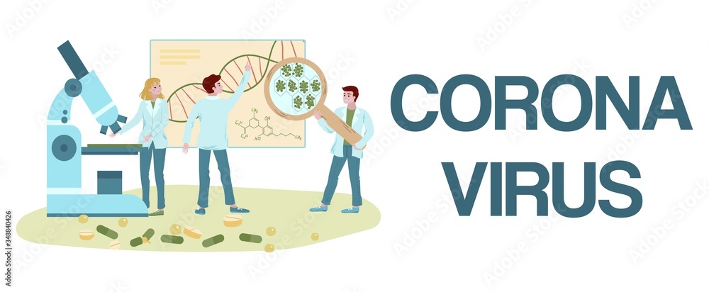 Medical labaratory covid-19 virus research and prevention vector flat illustration with letters coronavirus and people in white coats. Medics doctors in antivirus coronovirus lab medicine.