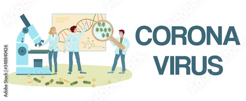 Medical labaratory covid-19 virus research and prevention vector flat illustration with letters coronavirus and people in white coats. Medics doctors in antivirus coronovirus lab medicine.
