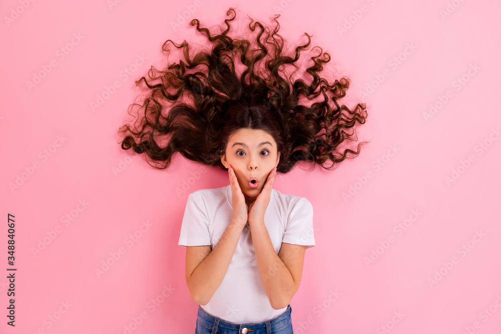Top view above high angle flat lay flatlay lie concept portrait of her she nice attractive funny amazed cheerful wavy-haired girl pout lips emotion isolated on pink pastel color background Top view above high angle flat lay flatlay lie concept portrait of her she nice attractive funny amazed cheerful wavy-haired girl pout lips emotion isolated on pink pastel color background