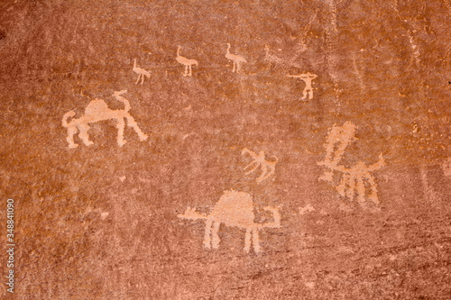 Prehistorical Rock painting in Wadi Rum desert, a Unesco site, Jordan